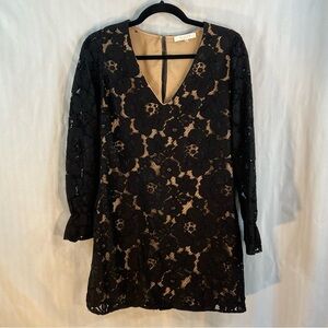 WAYF Black Floral Lace Overlay V Neck Shear Lace Long Sleeves Sheath Dress XS 👍